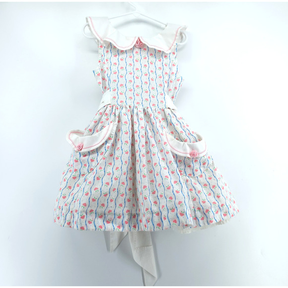 Vintage 4T Handmade Cottage Core Pinafore Dress Pockets Lace Rosette Petticoat - Picture 1 of 16